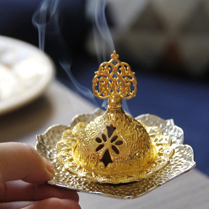 Silver leaf coaster Buddhist incense burner with carved lotus design and flower-shaped tray