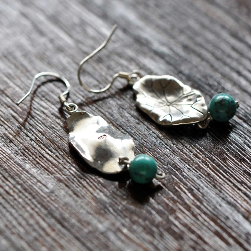 925 sterling silver lotus leaf earrings turquoise gemstone Buddhist jewelry for protection