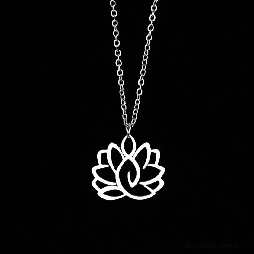Hollow lotus enlightenment necklace in silver stainless steel, front top-down view on black background showcasing the carved lotus pendant design