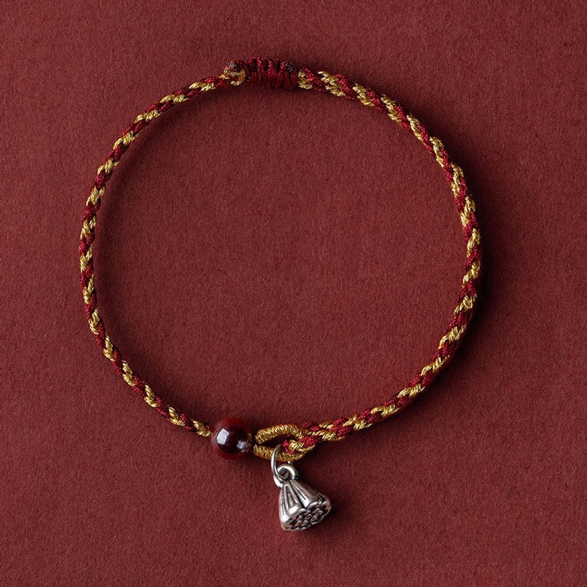 Silver lotus pod charm in dark red gold braided cord - Buddhist blessing bracelet