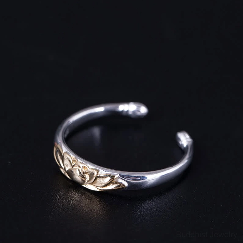 Sterling silver lotus ring side front view showing smooth polished finish and rounded open band ends