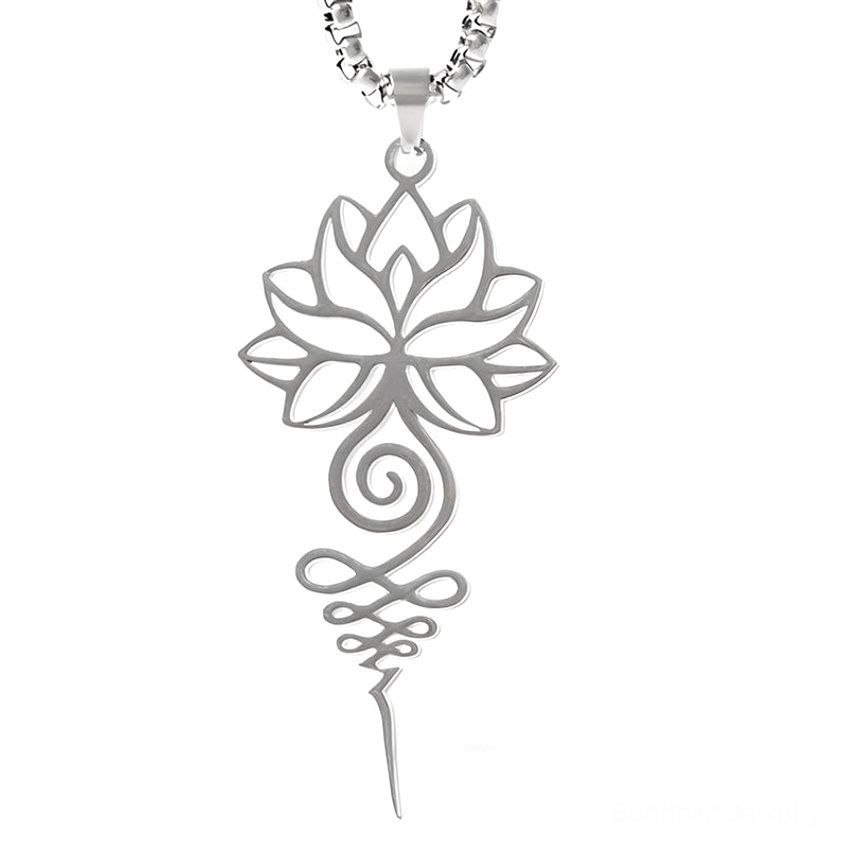 Close-up front view of silver lotus unalome necklace pendant on white background with bright polished metal finish