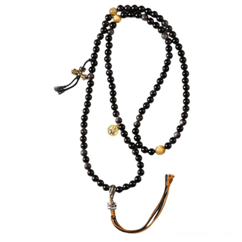 Silver Sheen Obsidian Garuda Buddhist necklace with natural stone beads and spiritual protection charm