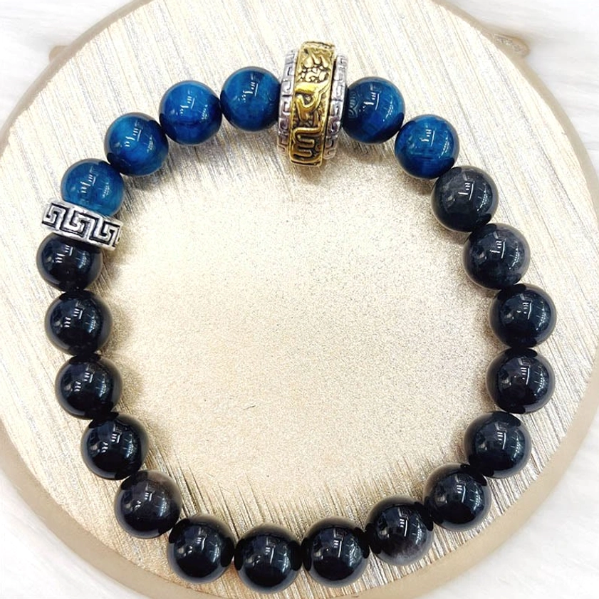 Silver Sheen Obsidian Blue Tiger Eye Buddhist protection bracelet with Om Mani Padme Hum, full product display