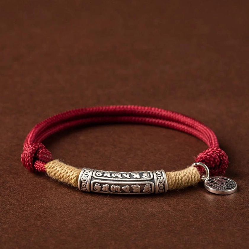 999 sterling silver Om Mani Padme Hum mantra tube with Fu character charm handmade braided bracelet red and black rope