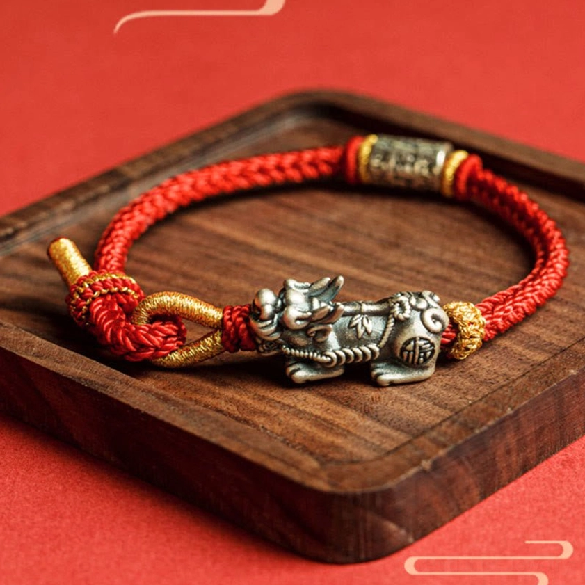 925 sterling silver Pixiu charm with Fu character and mixed red-gold woven rope Buddhist protection bracelet