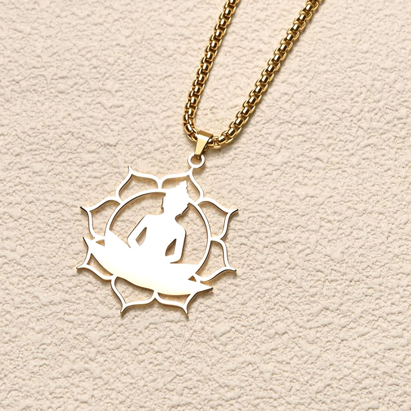 Silver polished buddha lotus pendant necklace spiritual design oblique angle