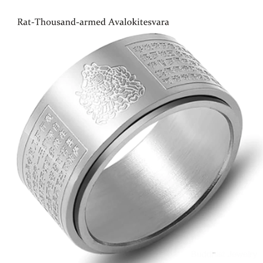 Silver rotating buddha ring with rat zodiac thousand-armed avalokitesvara
