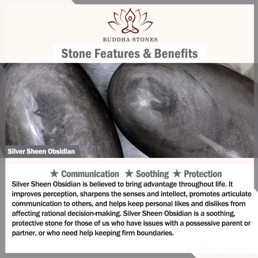 Silver Sheen Obsidian crystal properties card describing protection, soothing energy and enhanced communication benefits