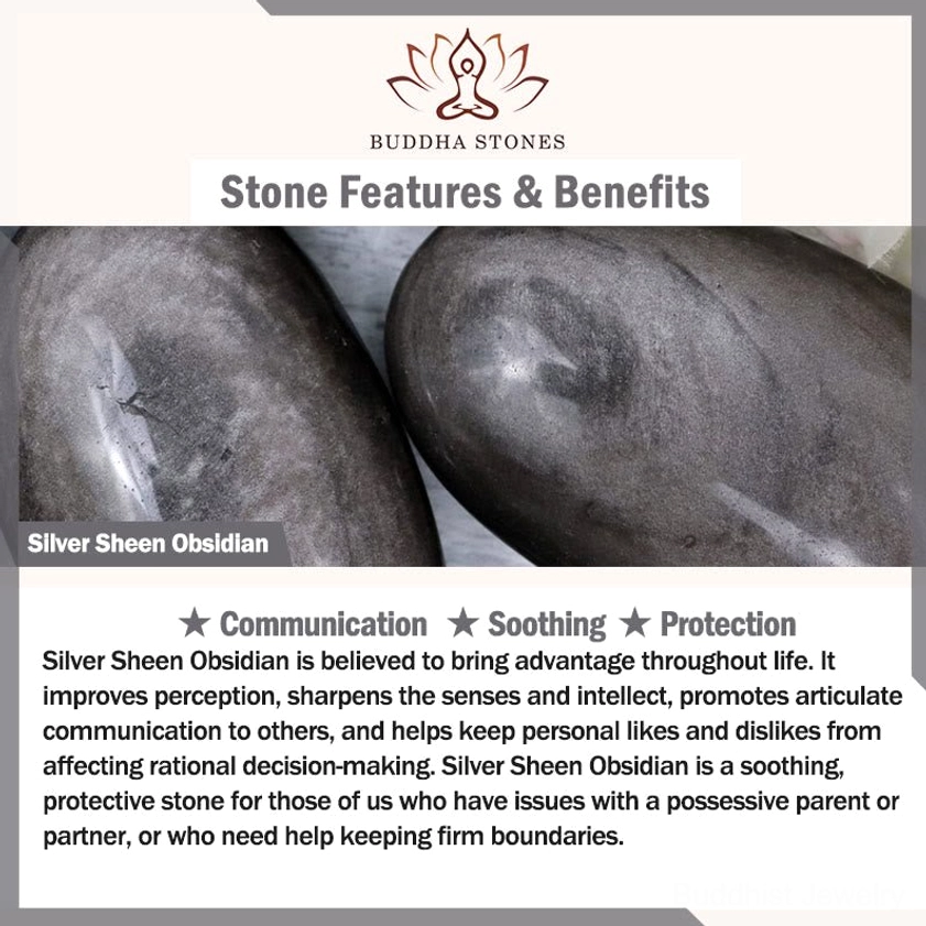 Infographic showing Silver Sheen Obsidian raw stone and Buddhist bracelet benefits including protection, clarity, communication, and spiritual grounding