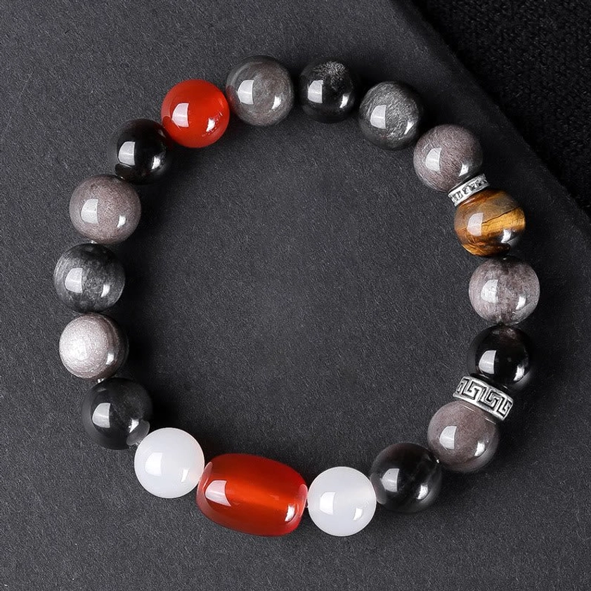 Silver Sheen Obsidian and red beads Buddhist bracelet with Om Mani Padme Hum charm, festive variant for spiritual practice