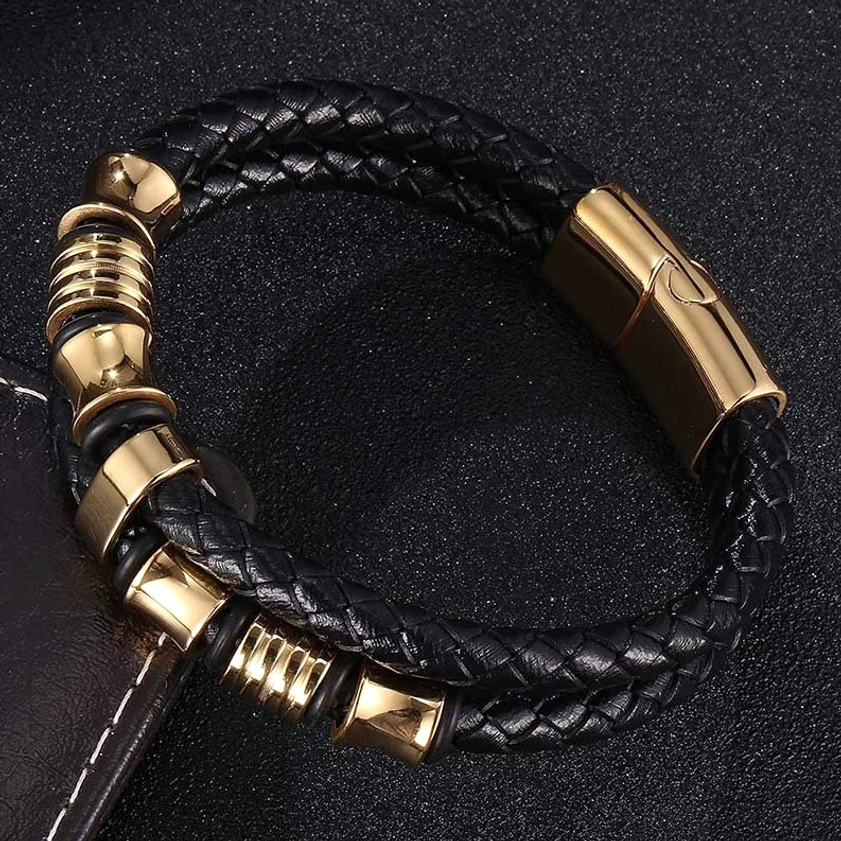 Silver titanium steel leather weave bracelet showing braided texture and metal hardware finish