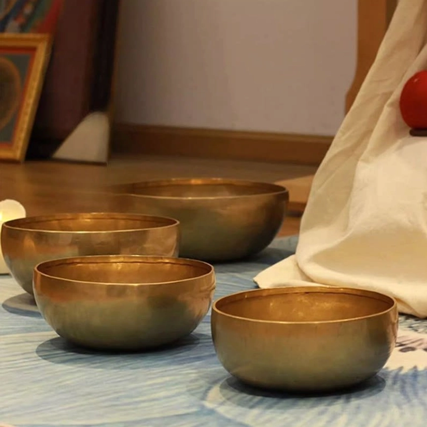 Buddhist singing bowl close-up showing detailed surface finish and acoustic properties for meditation sound healing