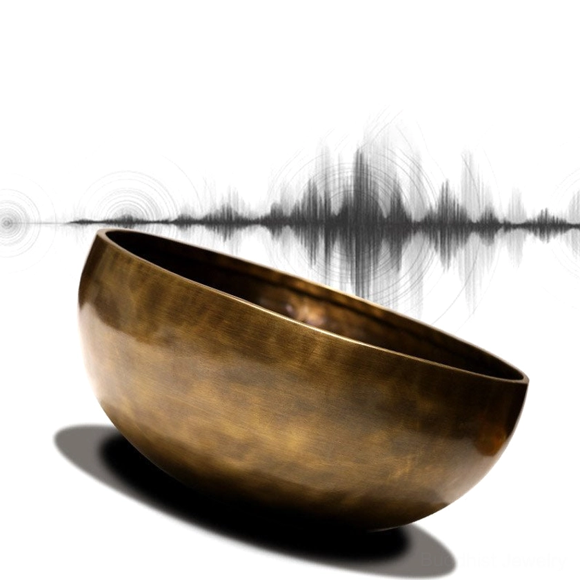 Antique bronze singing bowl low angle view with sound wave visualization for vibration and healing