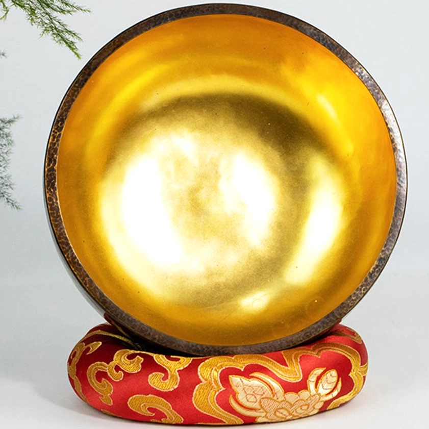 Copper singing bowl close-up overhead view showing full golden polished interior surface detail