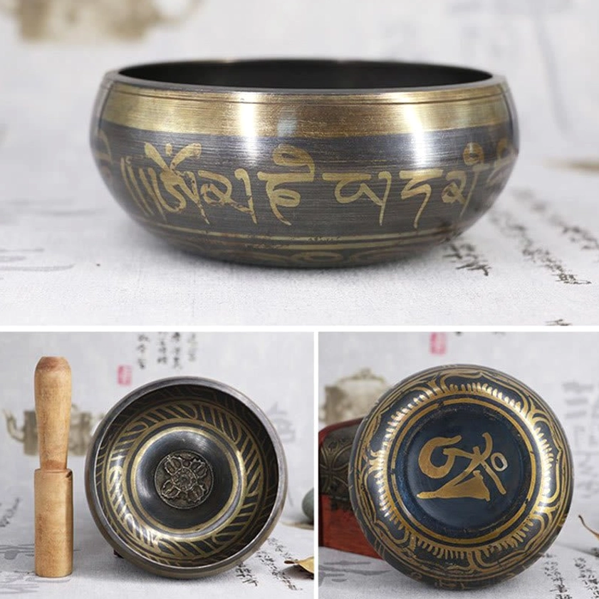 Buddhist singing bowl healing benefits infographic highlighting stress relief, chakra balancing, and spiritual wellness applications