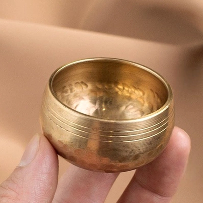 Handcrafted brass singing bowl detail view showing polished inner surface and decorative rim rings