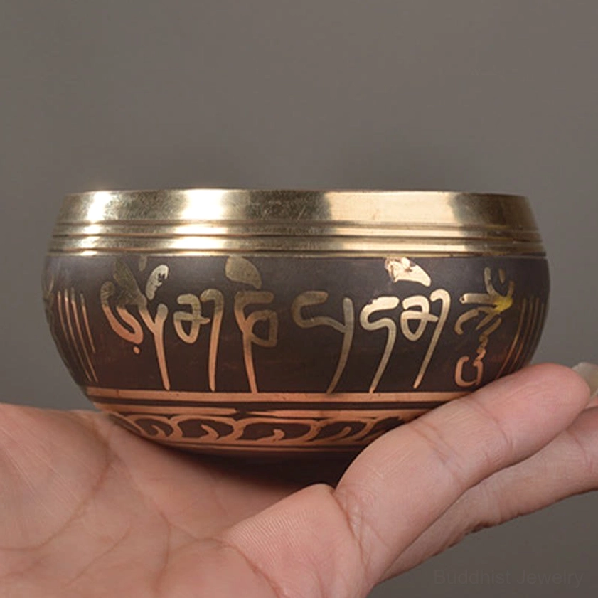 Buddhist singing bowl layered gold rim detail with intricate Tibetan sacred script pattern on black bronze base