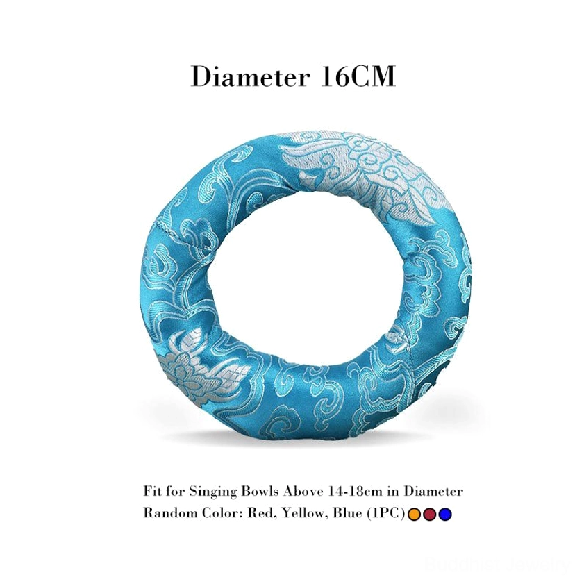 16cm diameter blue brocade singing bowl cushion with silver scroll patterns, perfect for larger meditation bowls