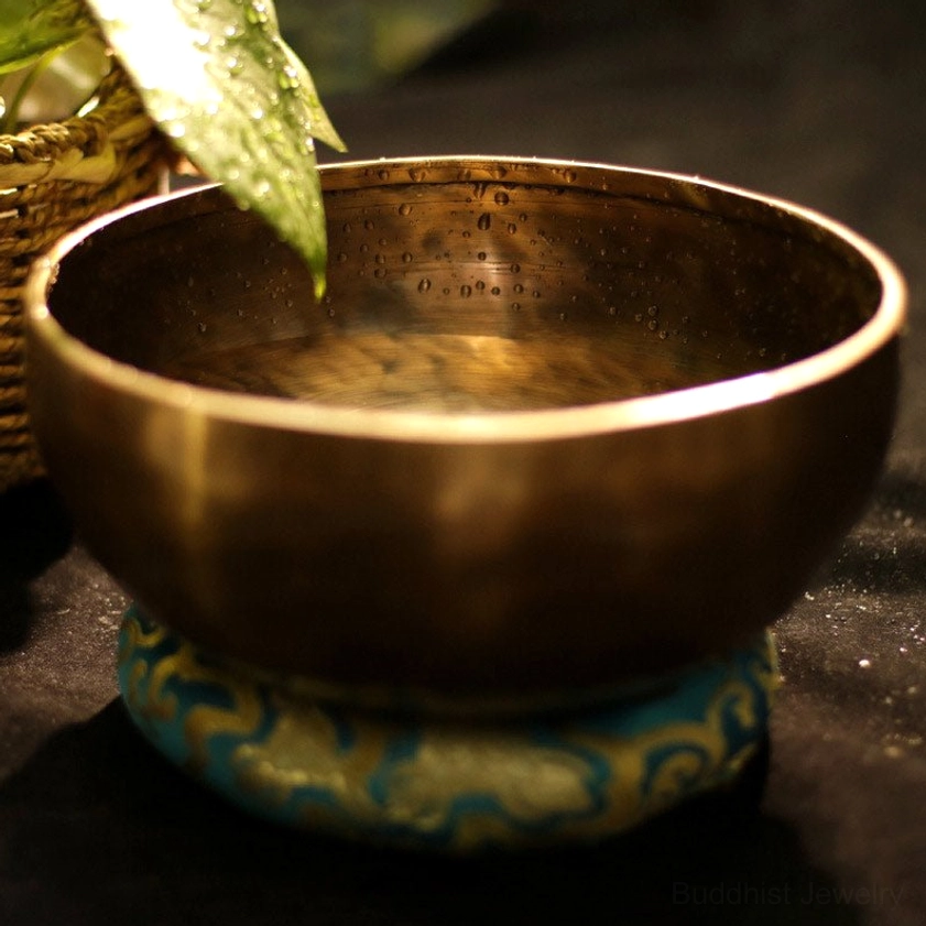 Buddhist singing bowl overhead shot on embroidered meditation cushion with natural plant decor background