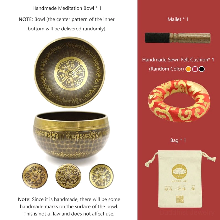 Buddhist singing bowl complete meditation set including bowl, wooden mallet, cushion, and storage bag - full product package