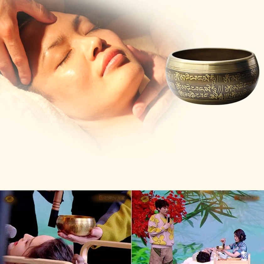 Brass singing bowl for meditation and chakra healing therapy shown in wellness spa and relaxation treatment setting