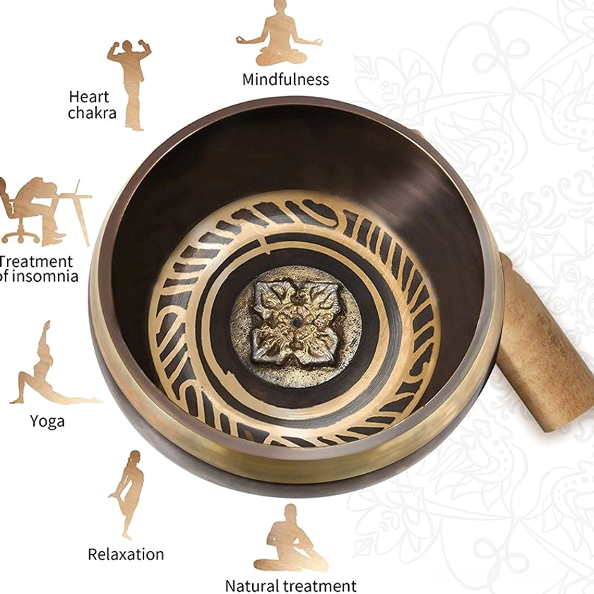 Buddhist singing bowl wellness usage infographic demonstrating applications for yoga, mindfulness, insomnia relief, and meditation practices