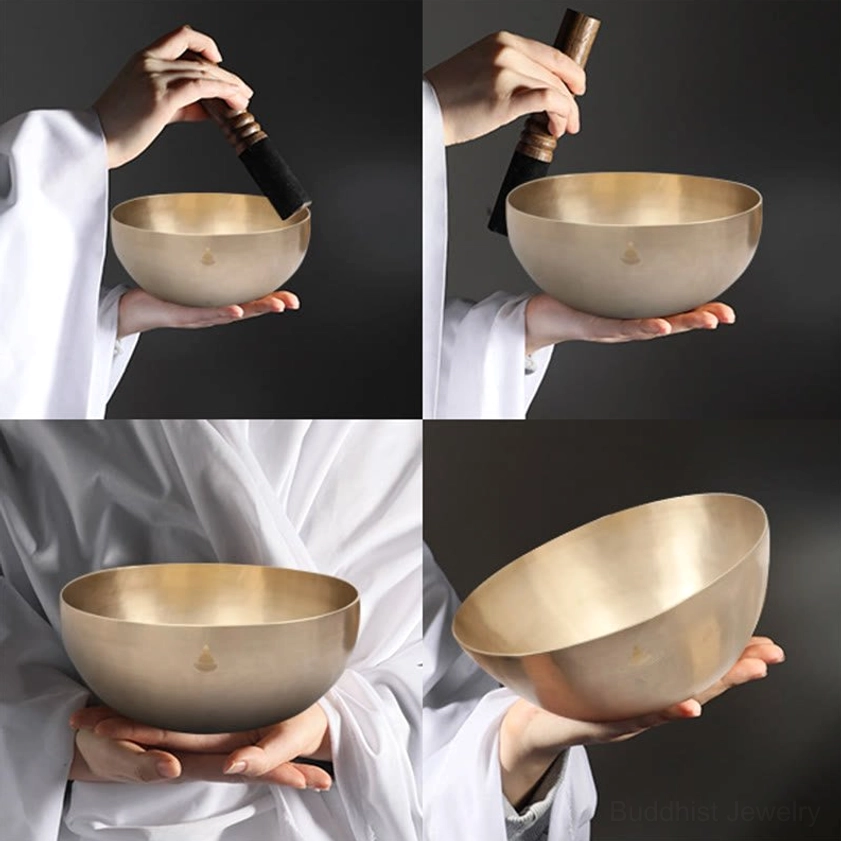 Buddhist meditation singing bowl with mallet and protective carrying setup for portable sound healing practice
