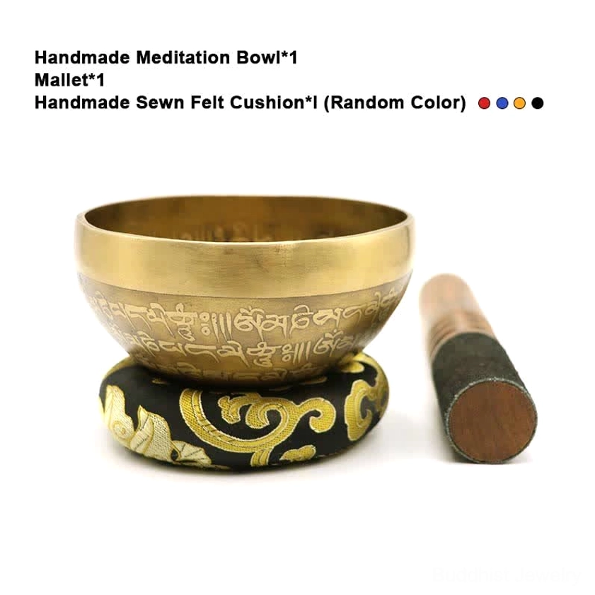 Complete singing bowl meditation set includes handmade copper bowl, wooden mallet, and felt cushion