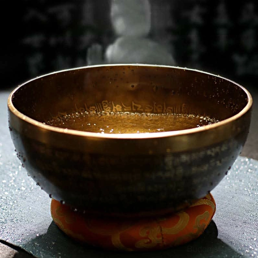 Side profile view of brass singing bowl with water inside on red cushion showing engraved scriptures