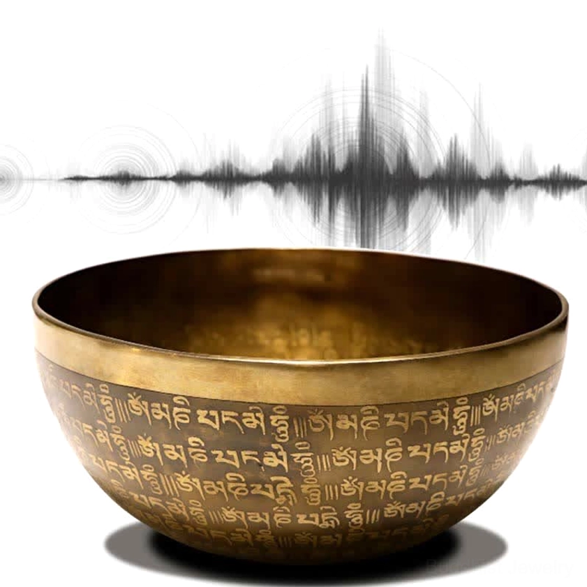 Singing bowl side profile with audio waveform graphic showing sound healing frequencies