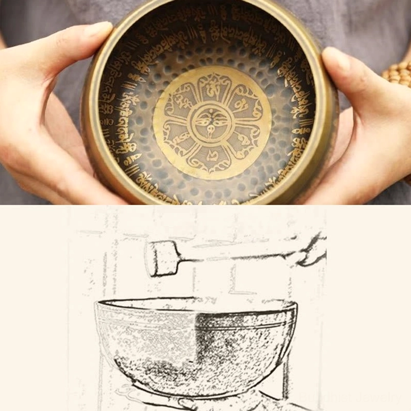 Singing bowl meditation guide showing hands holding bowl and technical line art diagram of bowl with striker tool