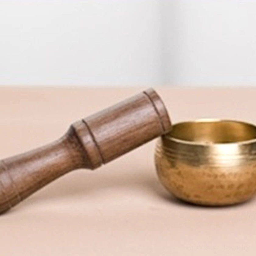 Brass singing bowl with wooden mallet on minimalist background for chakra healing meditation practice