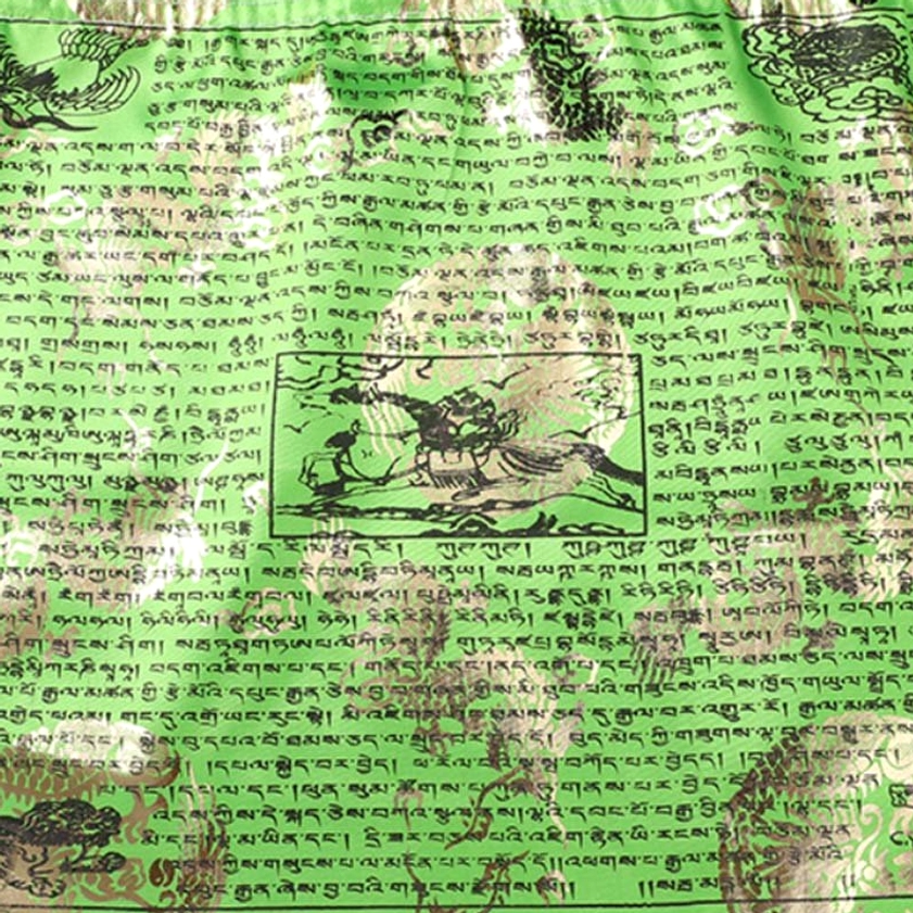 Single green Buddhist prayer flag with gold foil printed illustrations and Tibetan script details