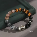 sterling silver six true words om mani padme hum buddhist bracelet with tiger eye rutilated quartz beads on velvet tray