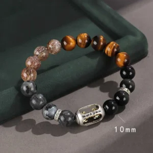 sterling silver six true words om mani padme hum buddhist bracelet with tiger eye rutilated quartz beads on velvet tray