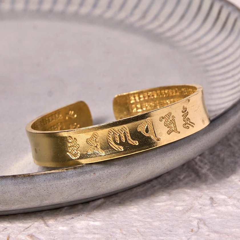 Six True Words open metal cuff bracelet with engraved Sanskrit mantras bronze tone finish ceramic