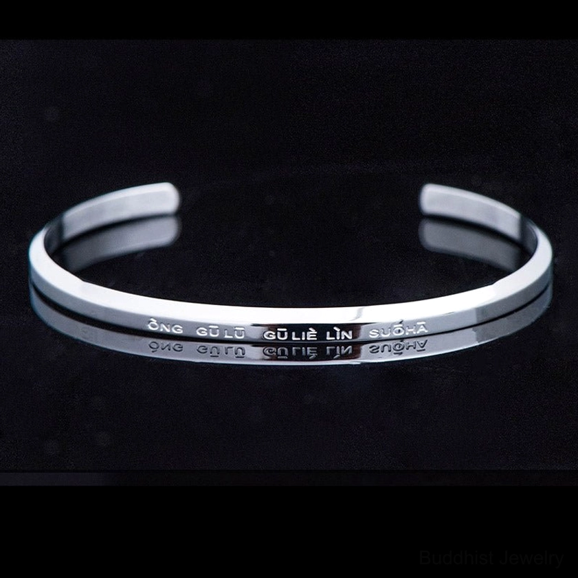 Silver polished titanium steel mantra bracelet with double-layer design