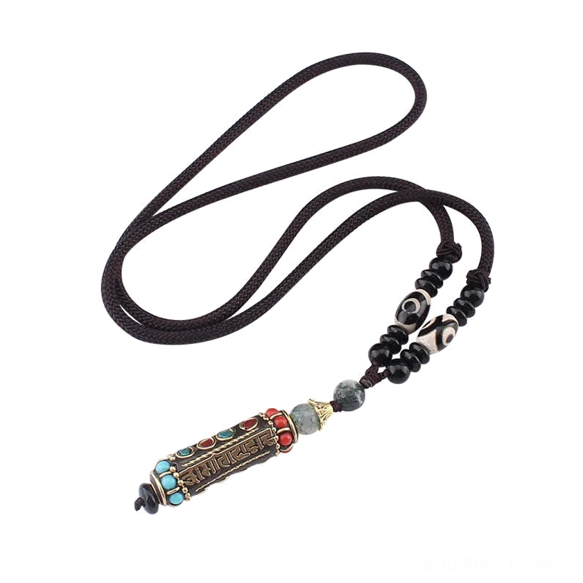 Sacred Six Words mantra necklace pendant with agate and coconut shell spacer beads