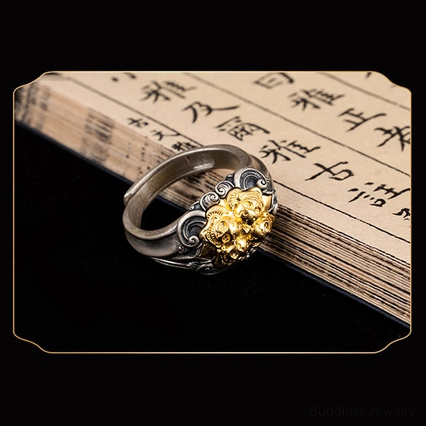Handmade 925 silver skull ring low side angle with adjustable band design on calligraphy background
