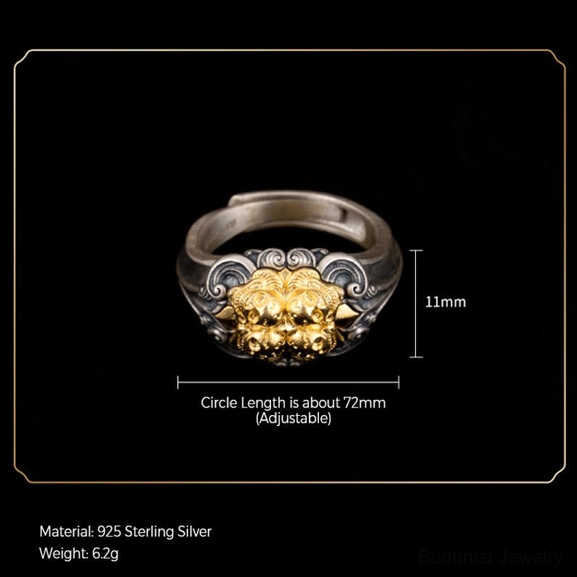Sterling silver skull ring specifications technical display showing 6.2g weight 72mm circumference 11mm width