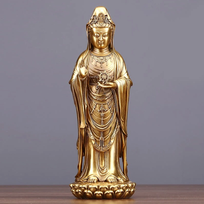Small Avalokitesvara brass statue with dharma wheel on lotus pedestal golden bronze