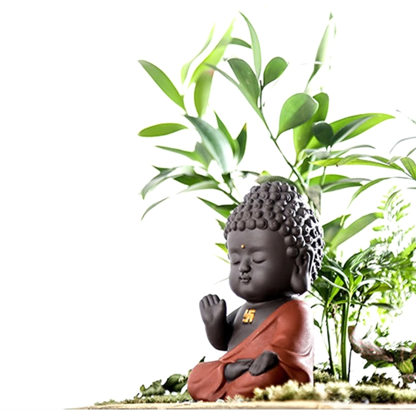 Compact handcrafted Buddha figurine showcasing intricate details, natural purple clay construction for home altar or spiritual practice