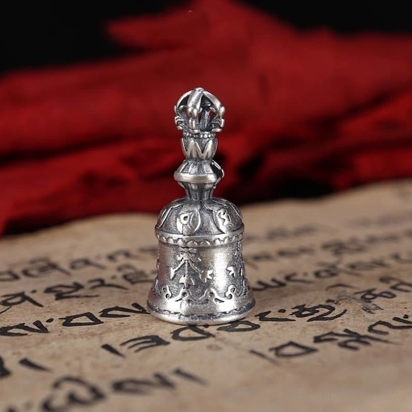 Small size dorje bell pendant 13.5x27mm in sterling silver with Om Mani Padme Hum engraving