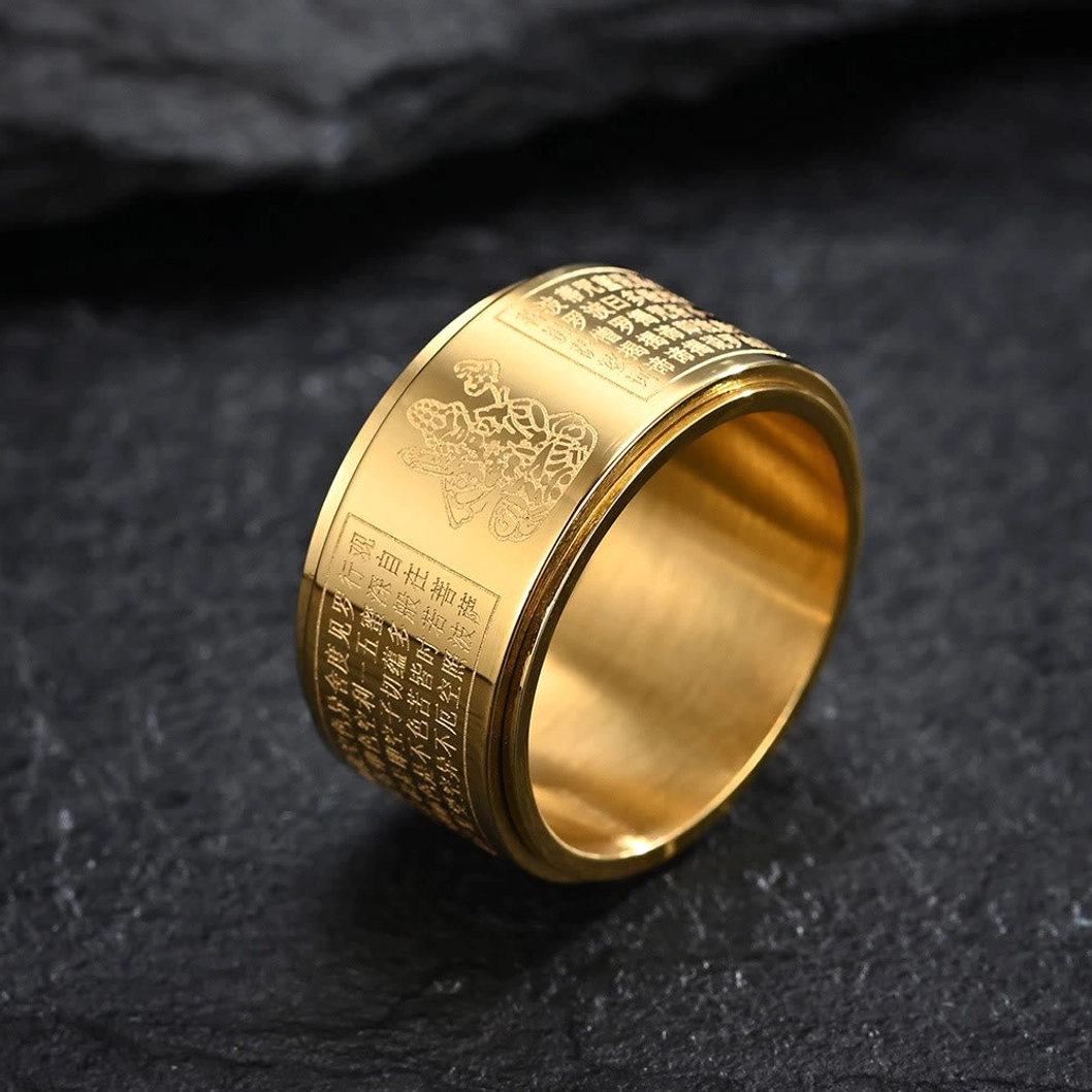 Small gold rotating buddha ring with brushed titanium steel texture and sutra patterns