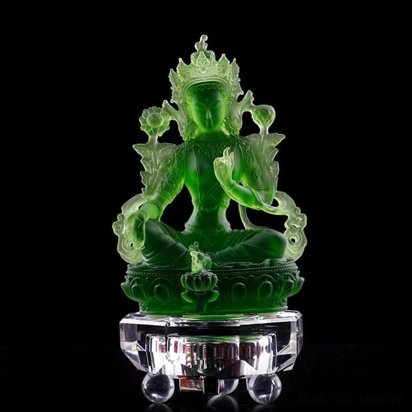Small Green Tara Buddha statue 8x6x12.8cm with decorative base, perfect for personal meditation and bedroom altar space