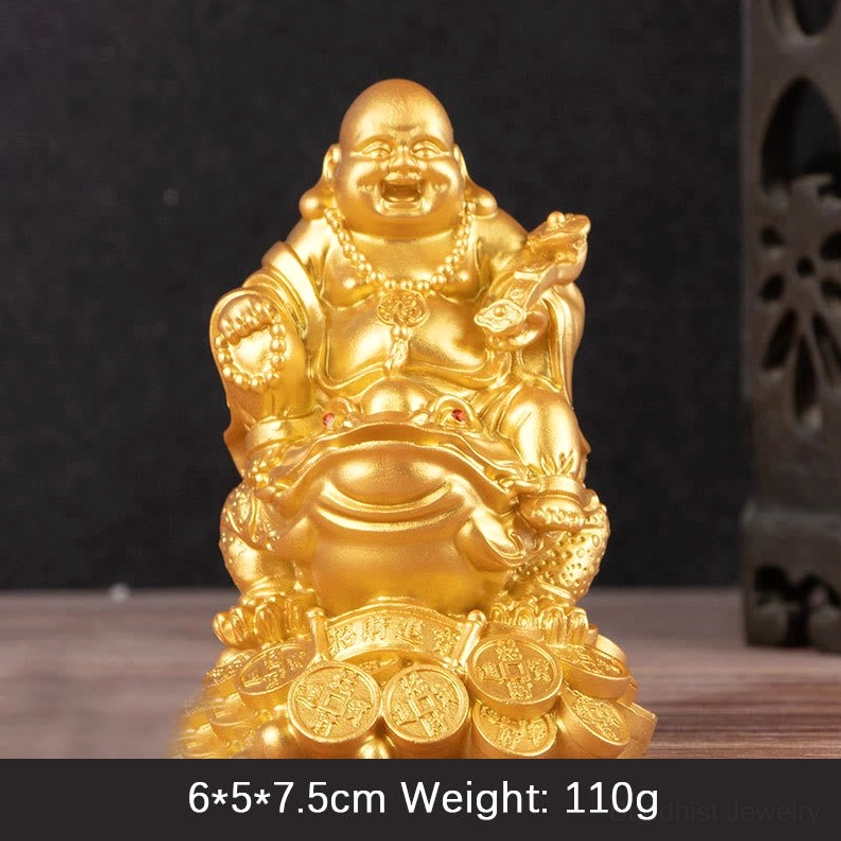 Small Laughing Buddha money toad statue 6cm golden with red gem details