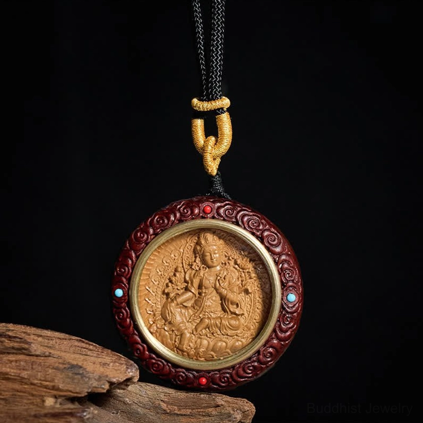 Small leaf red sandalwood Green Tara Buddhist pendant necklace front display