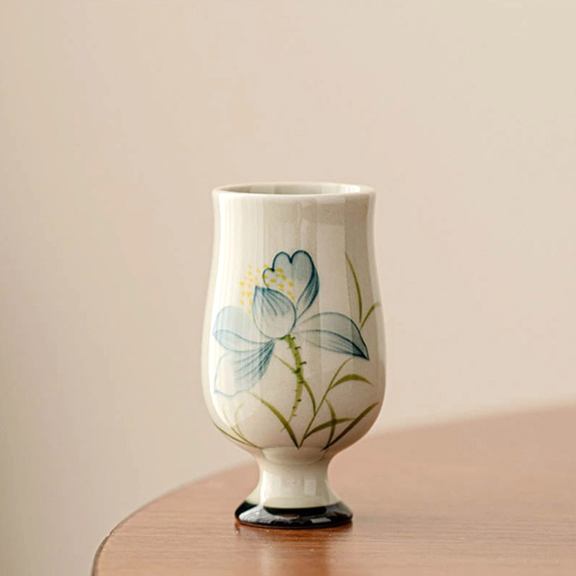 Smaller capacity hand-painted lotus ceramic tea cup 35ml - Buddhist mindfulness drinking vessel for tea ceremony
