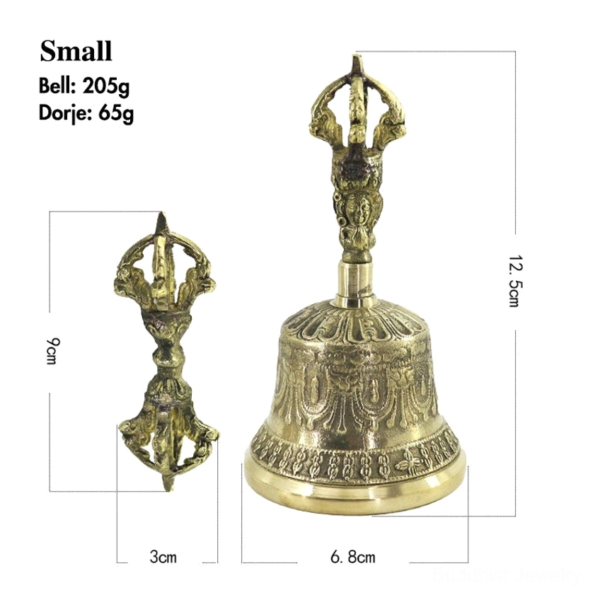 Small size handmade meditation bell and vajra dorje set with dimension labels and weight specifications